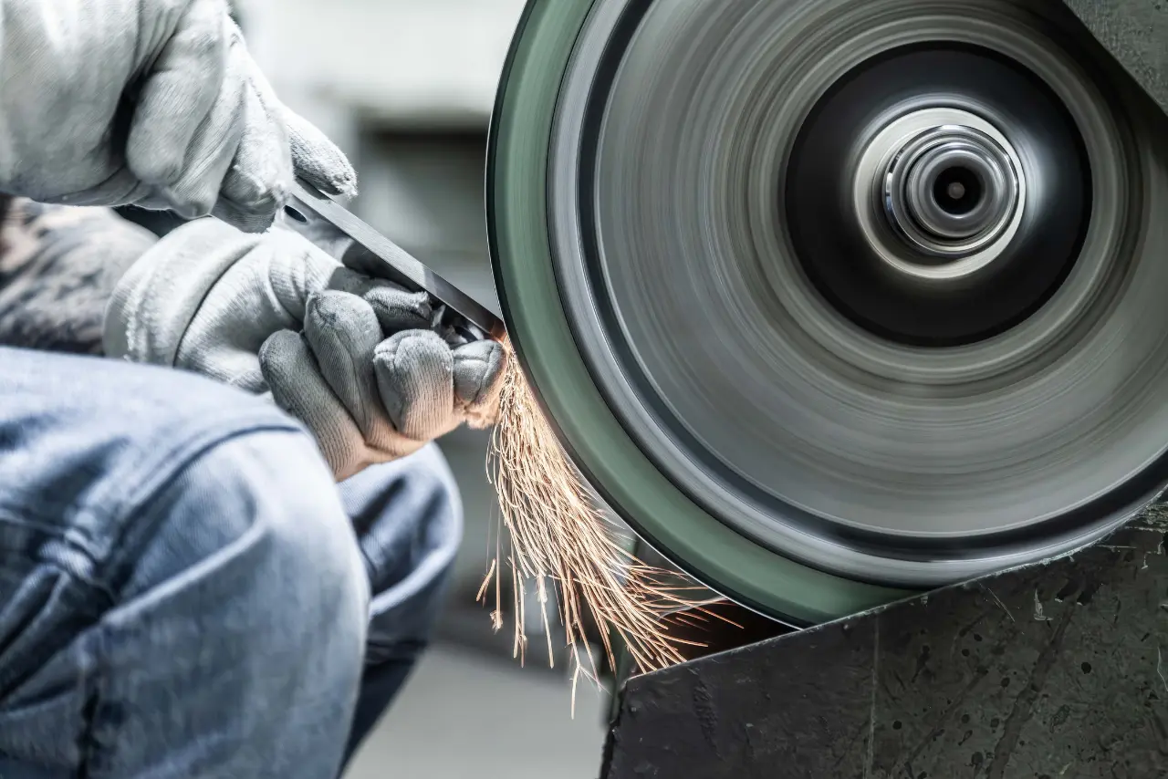 Employee grinds metal piece on grinding machine