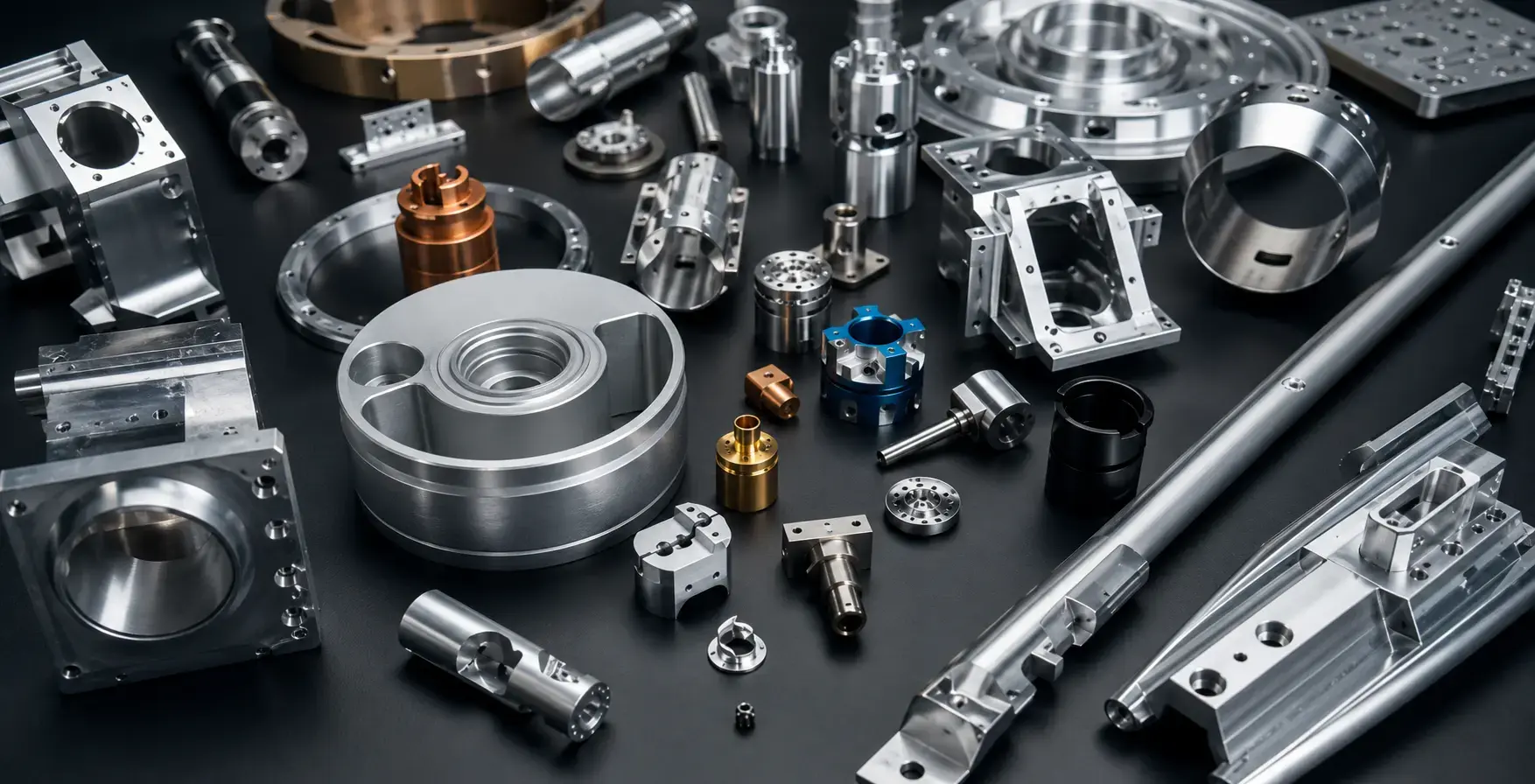Various precision-manufactured metal parts from modern CNC metalworking.